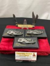 4x Schrade Folding Pocket Knives, Long Tail Weasel Scrimshaw model SC505, 3x SCWSB Pewter Collect...