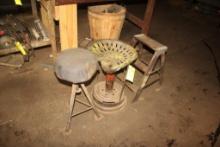 (2) Steel Stools, (1) Wooden Step Stool