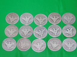 15 SILVER BARBER HALF DOLLARS