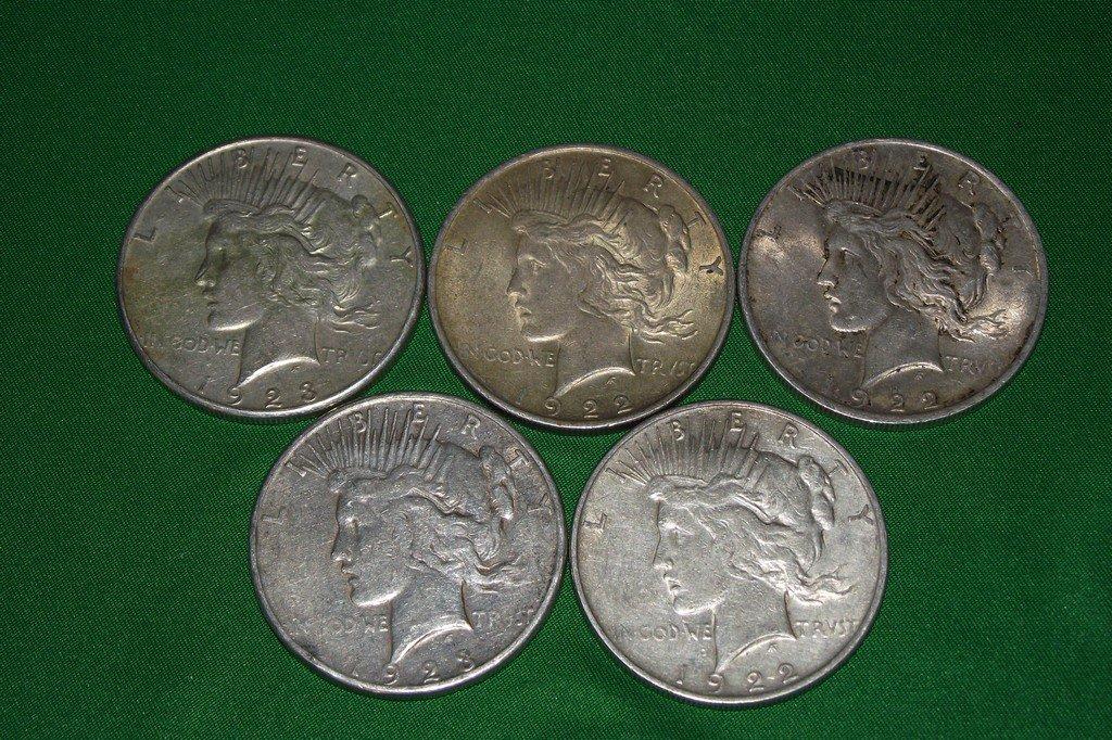 5 PEACE SILVER DOLLARS