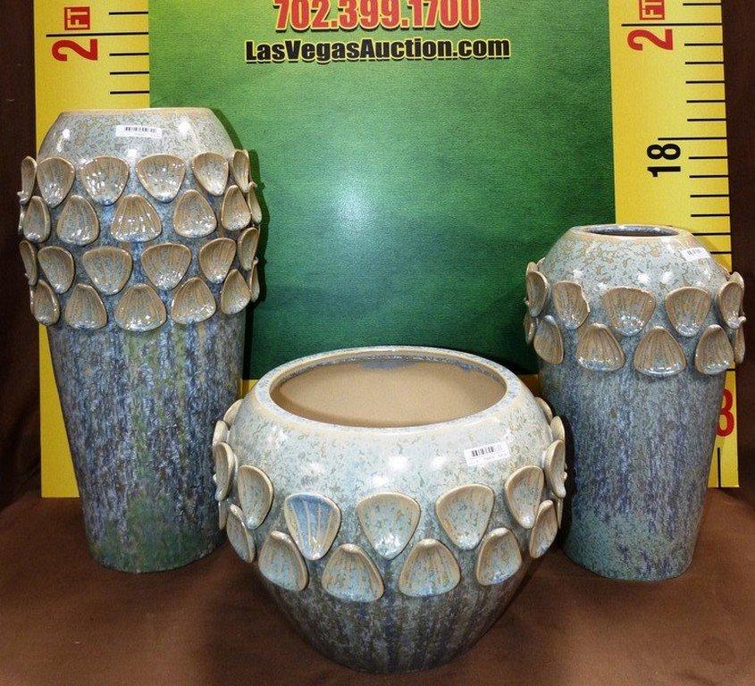 SET OF 3 LARGE CERAMIC BLUE VASES