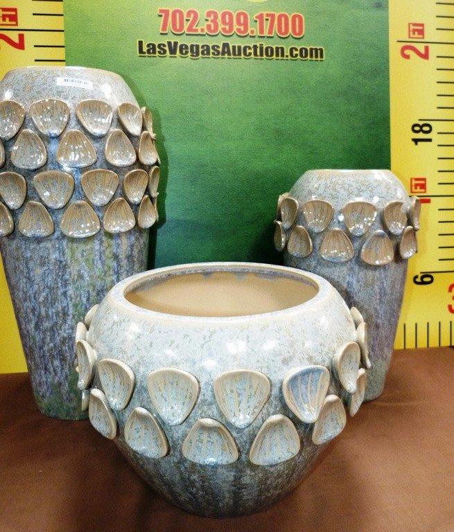 SET OF 3 LARGE CERAMIC BLUE VASES