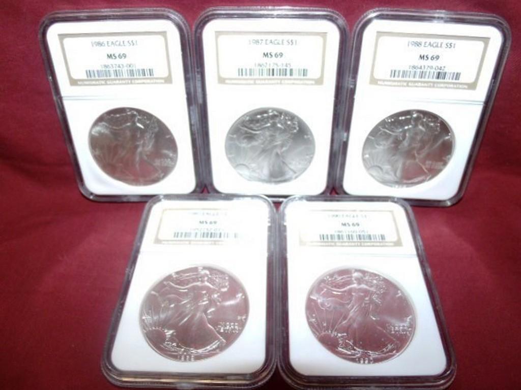 5- MS69 GRADED SILVER AMERICAN EAGLES