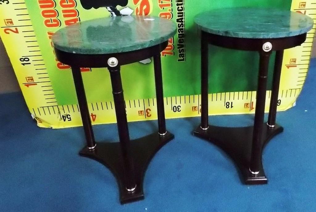 MATCHING PAIR GREEN ROUND STONE TOP TABLES