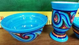 SET OF BEAUTIFUL BLUE & ORNATELY PAINTED POTTERY