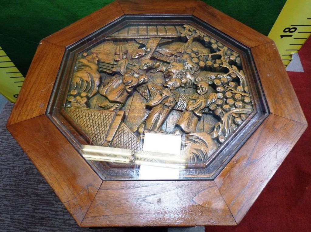 MASTERFULLY HANDCARVED END TABLE W/ GLASS TOP