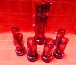 RUBY RED CRYSTAL PITCHER & GLASSES