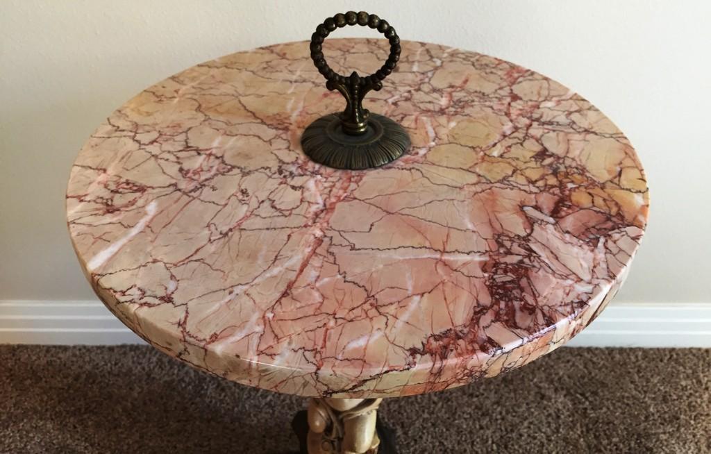 ROSE COLOR MARBLE TOP WITH BRASS BASE ANTIQUE END TABLE