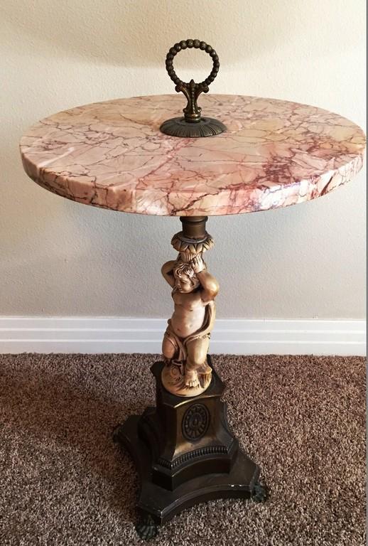 ROSE COLOR MARBLE TOP WITH BRASS BASE ANTIQUE END TABLE