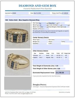 14KT YELLOW GOLD BLUE SAPPHIRE AND DIAMOND RING