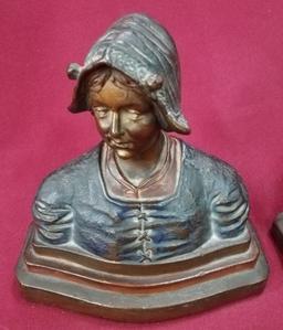 PAIR OF 8" TALL BRONZE BUSTS - YOUNG MAN & WOMAN - ANTIQUE??