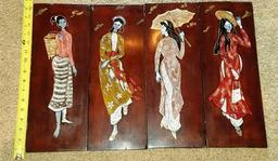 SET OF (4)  16" INCH TALL WALL PANEL SET - ASIAN LADIES