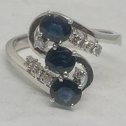 14KT WHITE GOLD BLUE SAPPHIRE AND DIAMOND RING