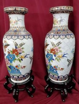 PAIR OF ASIAN THEME VASES W/ STANDS - 32" TALL