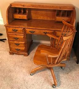 MAPLE ROLL TOP DESK & MATCHING CHAIR ON WHEELS