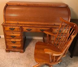 MAPLE ROLL TOP DESK & MATCHING CHAIR ON WHEELS