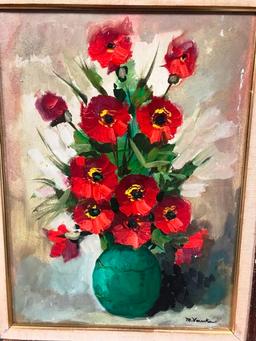 SIGNED CANVAS ARTWORK - RED FLOWERS W/ GREEN VASE