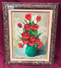 SIGNED CANVAS ARTWORK - RED FLOWERS W/ GREEN VASE