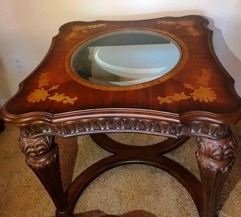 VERY ELEGANT 3PC TABLE SE WITH GLASS INSERTS & INLAID TOP