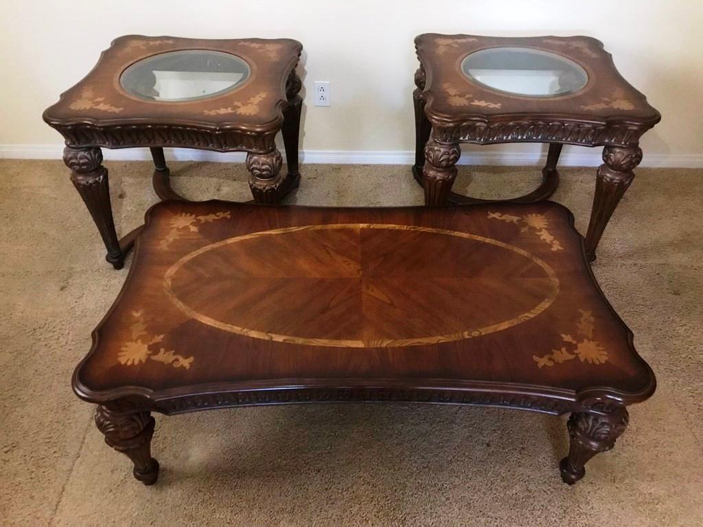 VERY ELEGANT 3PC TABLE SE WITH GLASS INSERTS & INLAID TOP