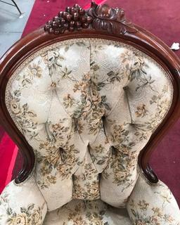 MAHOGANY TUFTED ARM CHAIR - FLORAL PRINT