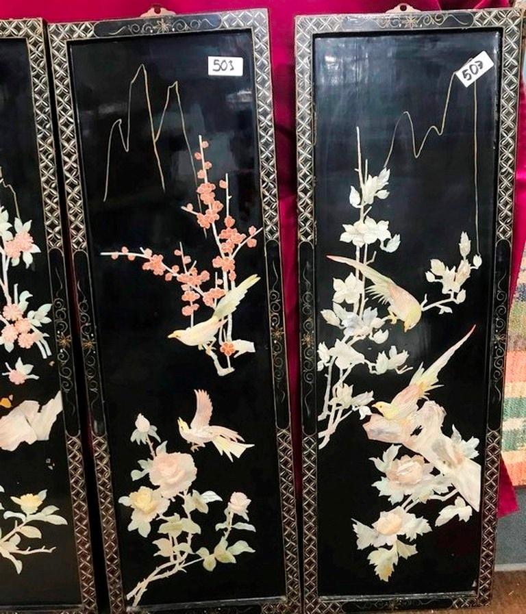 LOT OF 4 BLACK LACQUER ASIAN WALL PANEL SET