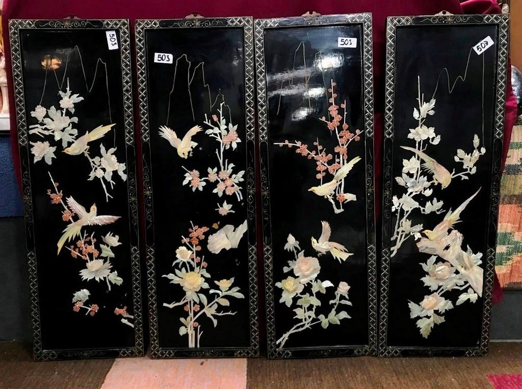 LOT OF 4 BLACK LACQUER ASIAN WALL PANEL SET