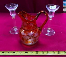 GORGEOUS AMBER ETCHED PITCHER & (2) CHRISTIAN DIOR CANDLEHOLDERS