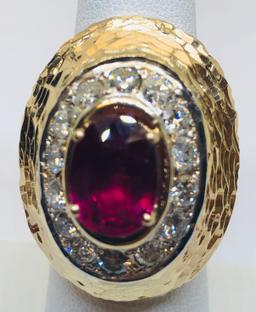 14KT YELLOW GOLD 4.50CTS RUBY AND 2.10CTS DIAMOND RING