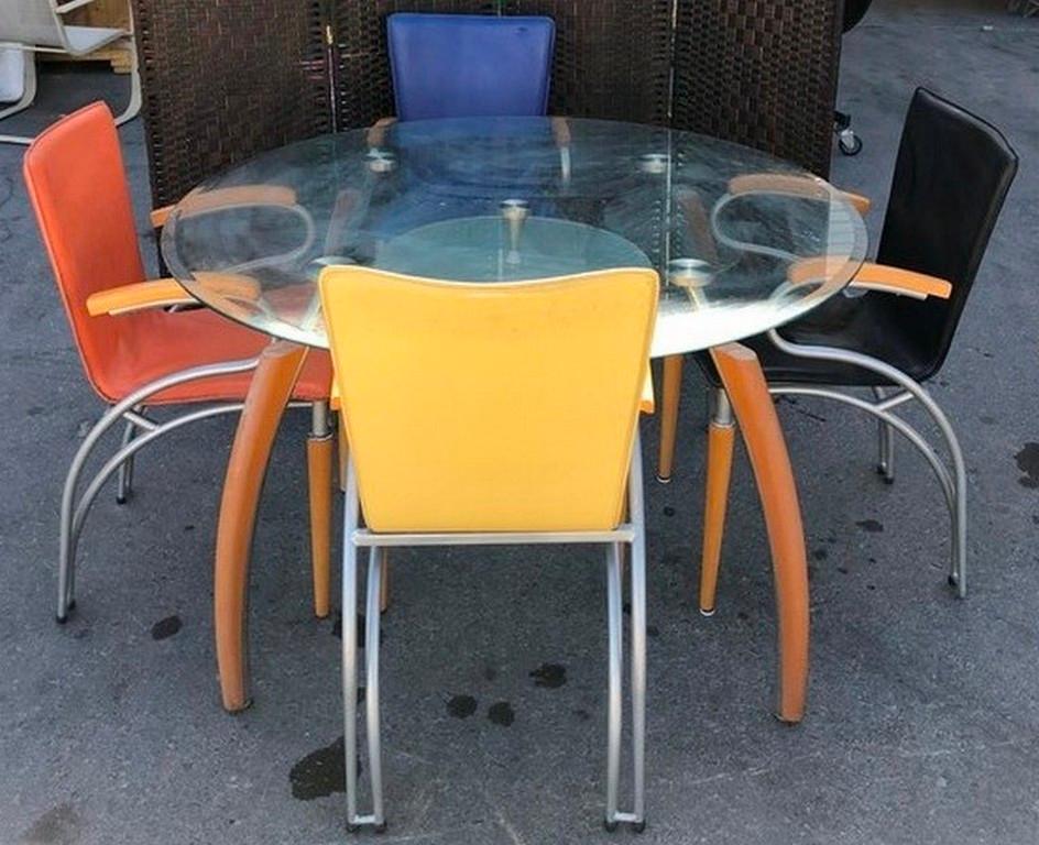 GLASS TOP TABLE W/ MULTI COLOR ARM CHAIRS