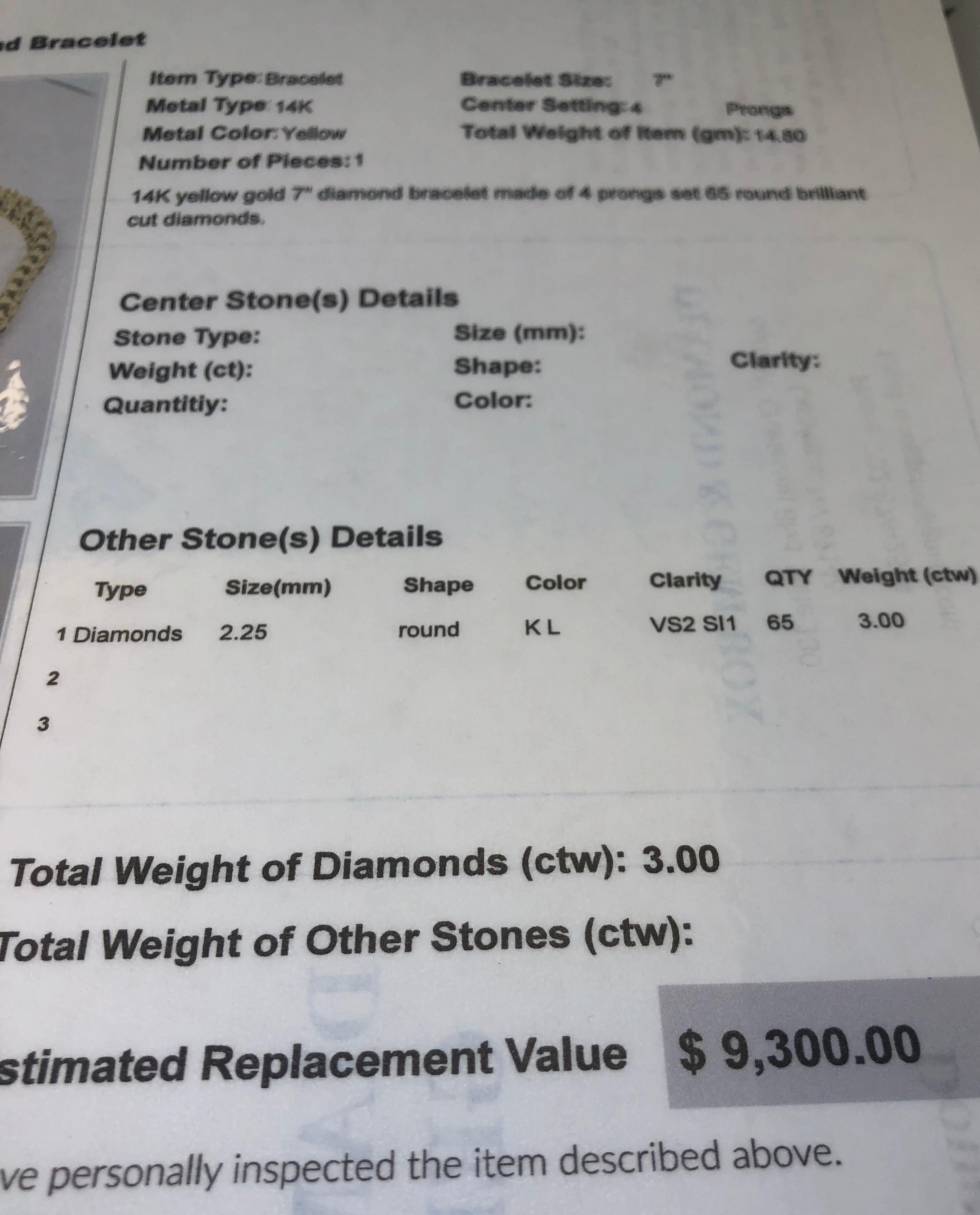 14KT YELLOW GOLD 3.00CTS DIAMOND BRACELET