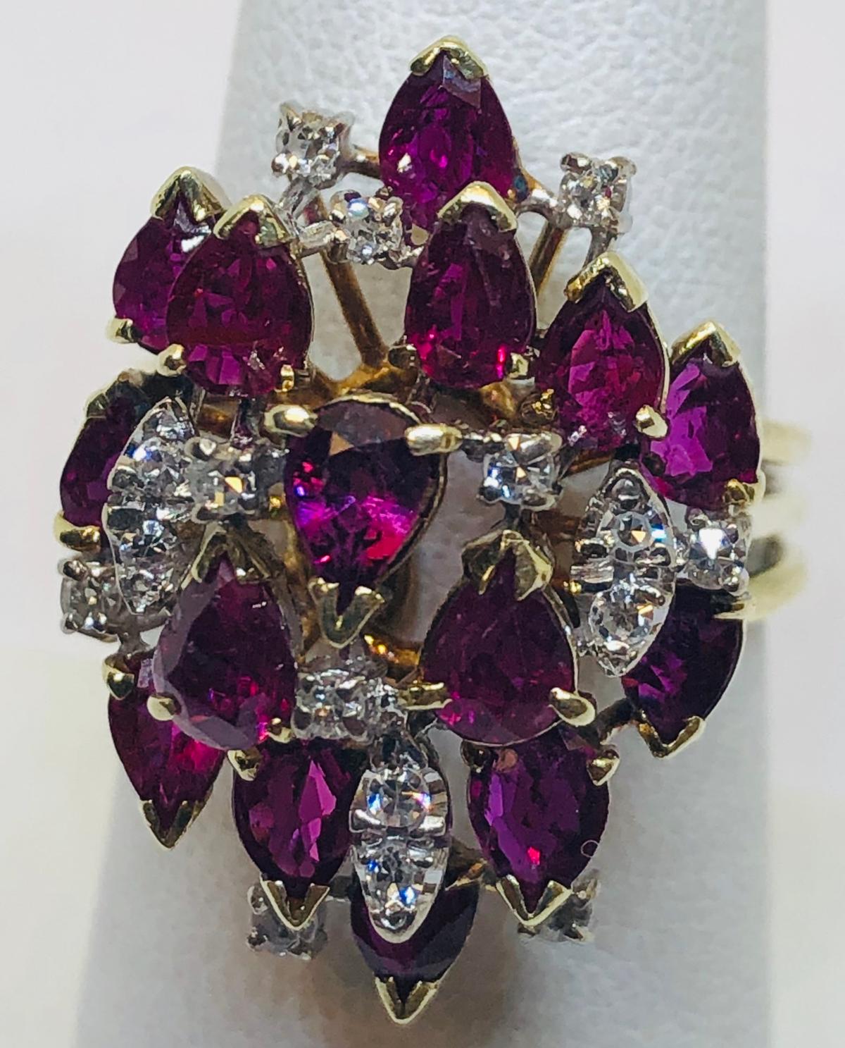 14KT YELLOW GOLD 10.00CTS RUBY AND .15CTS DIAMOND RING