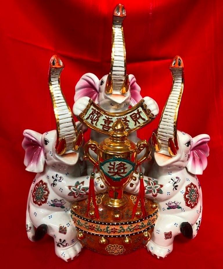 THREE ELEPHANT PORCELAIN