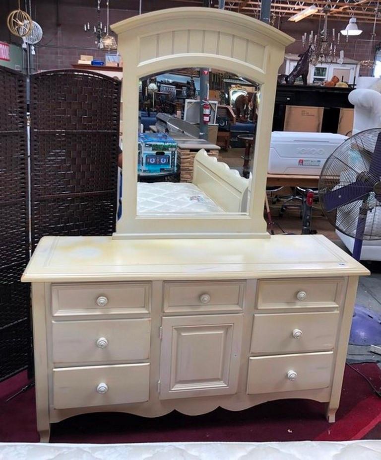 FULL SIZE SLEIGHT BED, MATT & BOX WITH DRESSER & MIRROR PLUS NIGHTSTAND