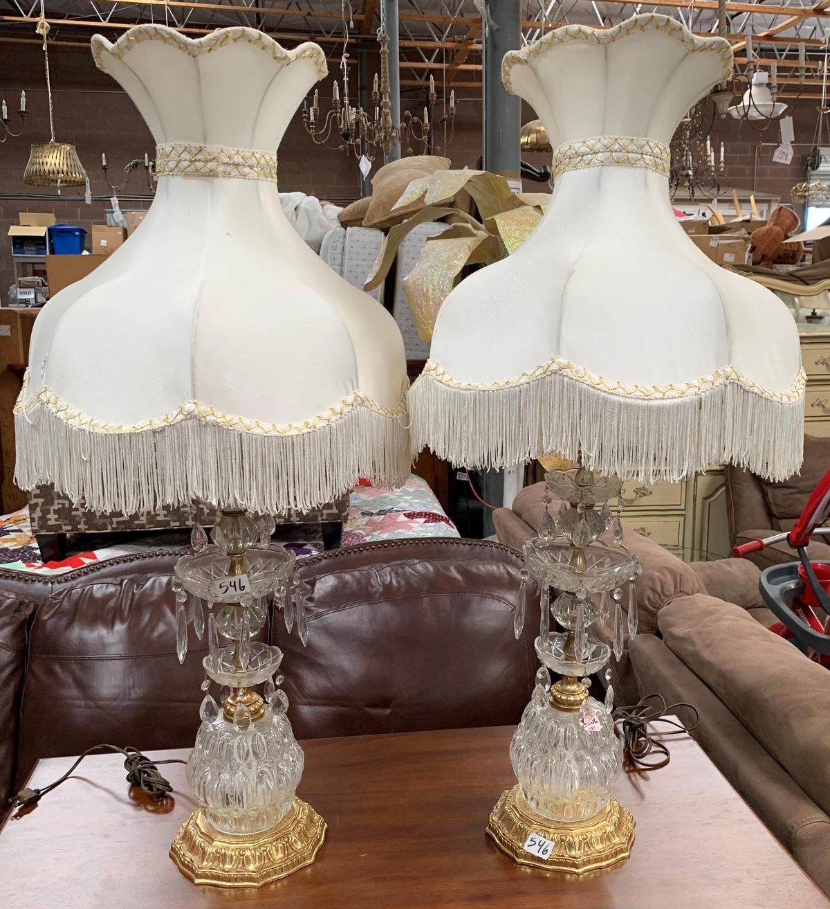 PAIR OF CRYSTAL VINTAGE LAMPS WITH WHITE SHADES FROM ESTATE