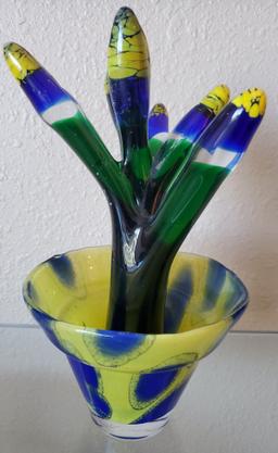 11" TALL SIGNED ART GLASS PLANT & POT - SEE PICS FOR DETAILS