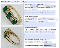 14KT YELLOW GOLD 1.50CTS EMERALD AND .40CTS DIAMOND RING
