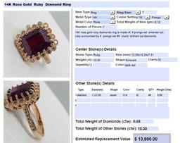 14KT ROSE GOLD 10.30CTS RUBY AND .68CTS DIAMOND RING