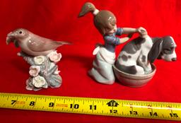 (2) LLADRO PIECES GIRL W/ DOG & BROWN BIRD