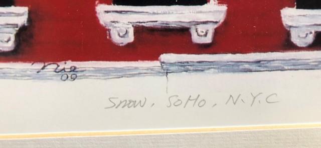 SIGNED FRAMED ARTWORK - SNOW TREE & RED BUILDING