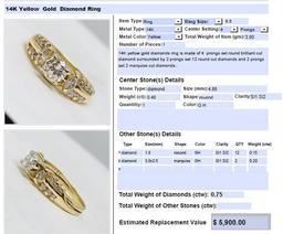 14KT YELLOW GOLD .75CTS DIAMOND RING FEATURES .40CTS CENTER DIAMOND