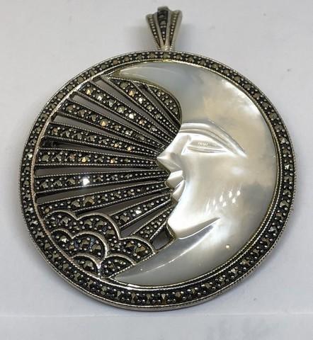 VINTAGE MARCASITE AND MOTHER OF PEARL "MAN IN THE MOON" PIN/PENDANT