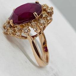 14KT ROSE GOLD 10.48CTS RUBY AND .62CTS DIAMOND RING