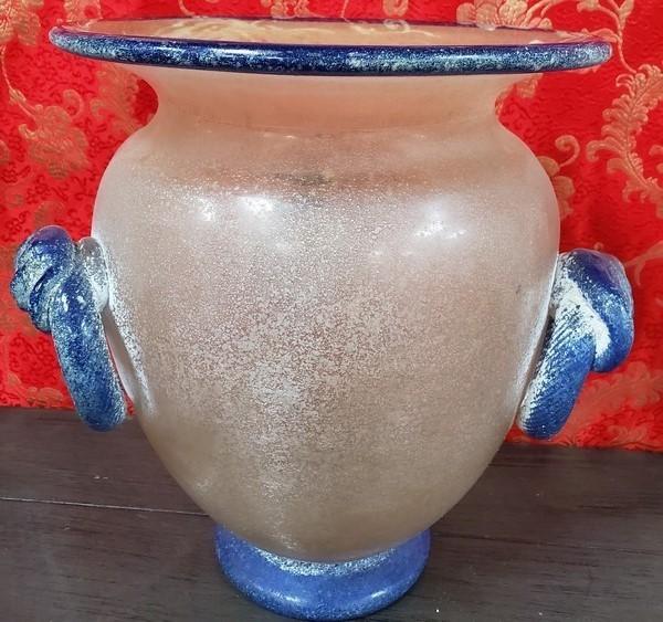 FROSTED GLASS VASE WITH BLUE HANDLES