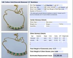 14KT YELLOW GOLD .55CTS EMERALD AND .75CTS DIAMOND NECKLACE