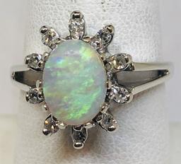 14KT WHITE GOLD OPAL AND DIAMOND RING 4.1GRS