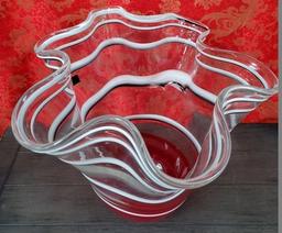 RED W/ WHITE STRIPES ART GLASS BOWL