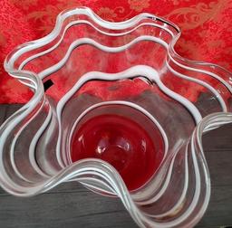 RED W/ WHITE STRIPES ART GLASS BOWL