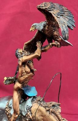 1994 SIGNED MICHAEL BOYETT LEGENDS INDIAN HUNTER SCULPTURE WITH EAGLE BRONZE