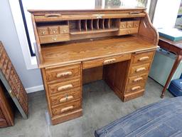 Vintage 1970s Solid Oak Roll-Top Desk - 45"h X 53"w X 23½"d